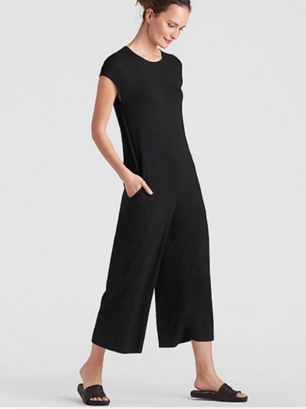 Eileen Fisher Relaxed Fit Wide Leg Jumpsuit Black Small Viscose